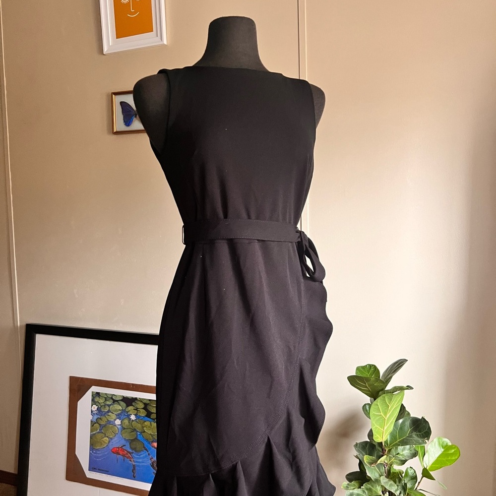 Calvin Klein size 8 ruffled high neck dress tie waist - Picture 2 of 10